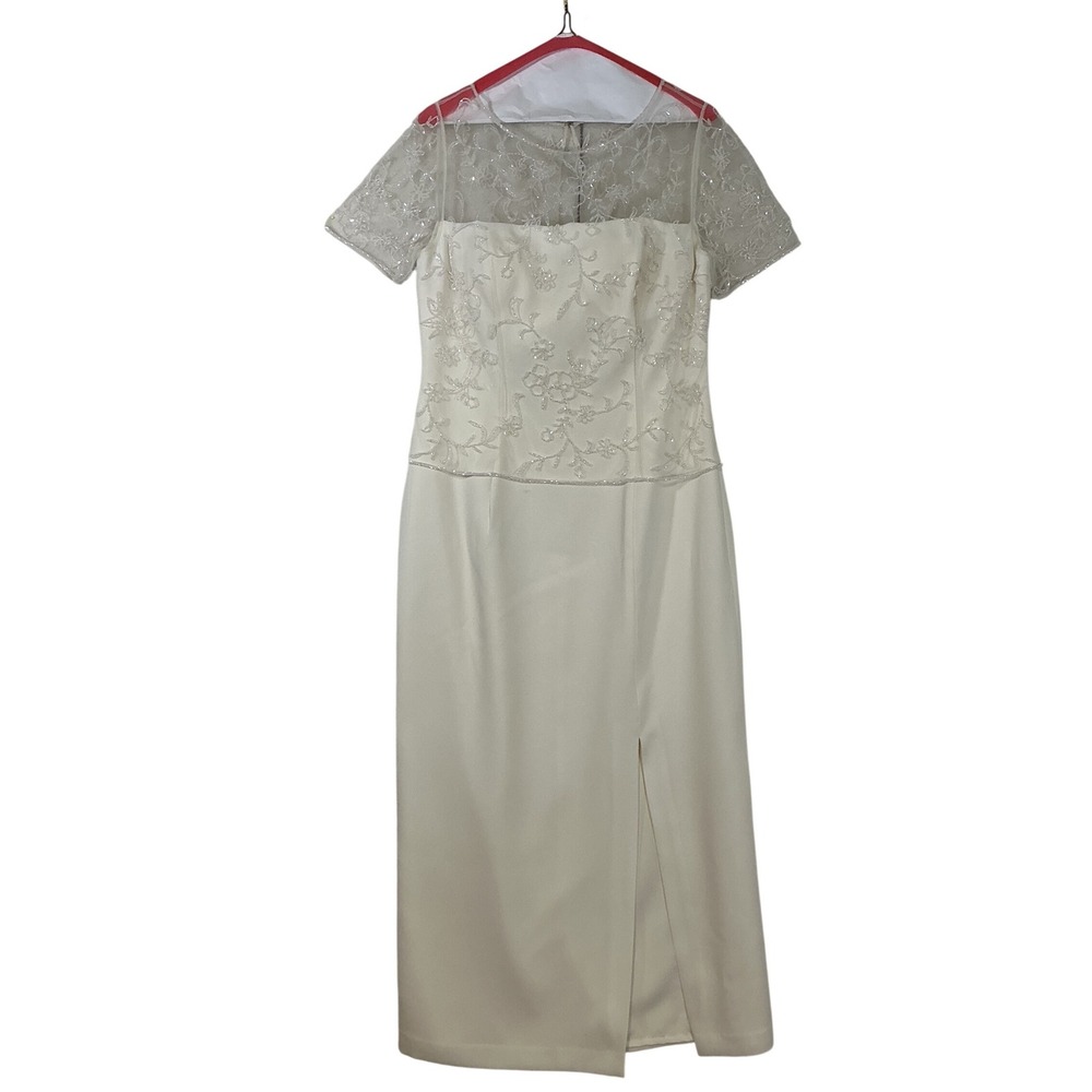 Michelangelo Ivory Beaded Floral Illusion Gown Short Sleeve Formal Dress P2157